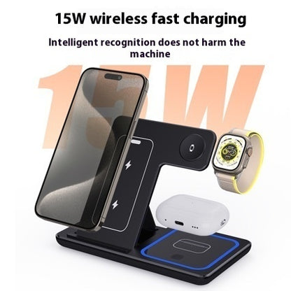15W 3 In 1 LED Fast Wireless Charger Stand Foldable Charging Station For Smart Phone 15, 14, 13, 12, 11, Watch 9, 8, 7, 6, 5 Airpods Pro