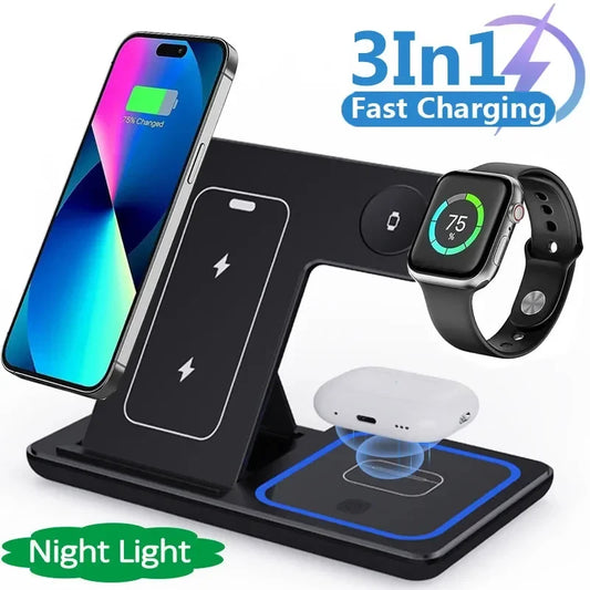 15W 3 In 1 LED Fast Wireless Charger Stand Foldable Charging Station For Smart Phone 15, 14, 13, 12, 11, Watch 9, 8, 7, 6, 5 Airpods Pro